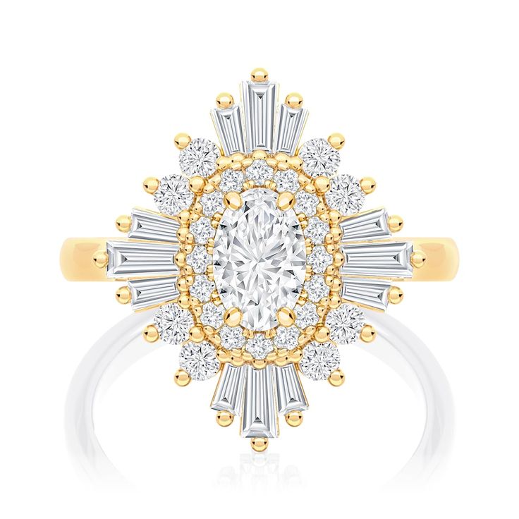 What Defines Alya Round Lab Diamond 18K Yellow Gold Starburst Cluster Shoulder-Set Engagement Ring?